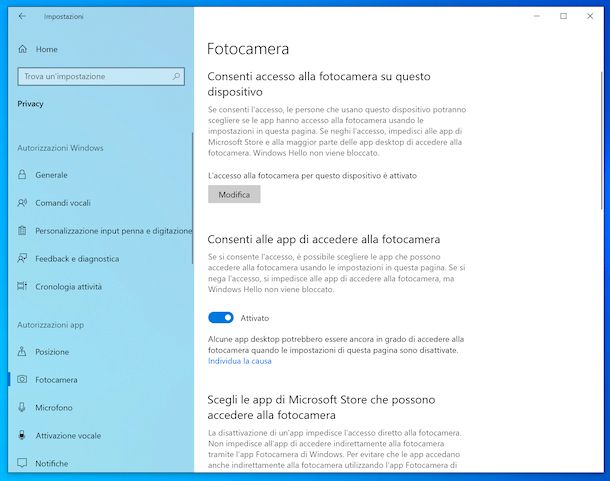 Impostazioni webcam Windows 10