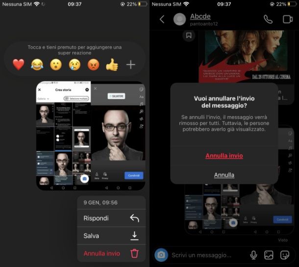 annullare i messaggi inviati su Instagram