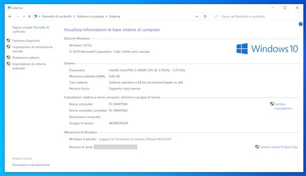 Versione Windows da Pannello di controllo