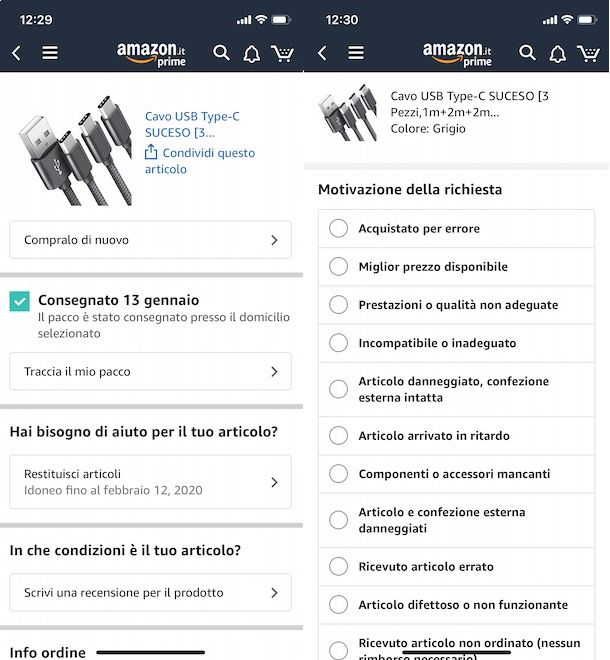 Fare reso da app Amazon