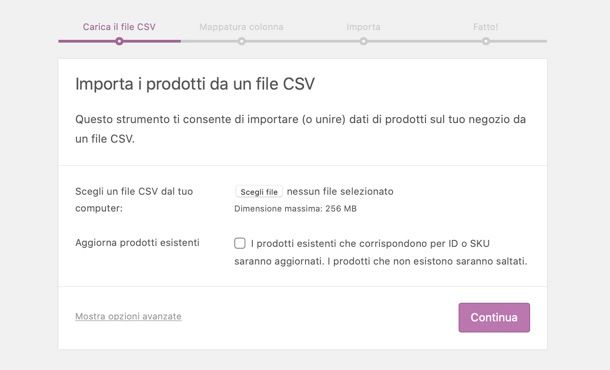 Importazione CSV WooCommerce