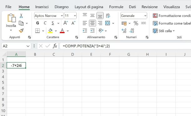 Come elevare numeri complessi al quadrato in Excel