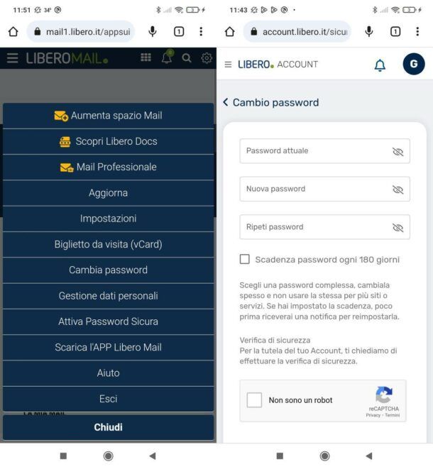 Come cambiare password Libero Mail su Android