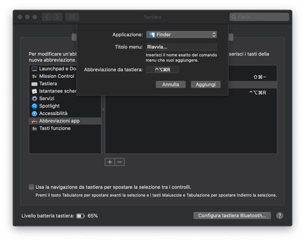 Scorciatoia da tastiera per riavviare il Mac