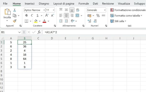 Come elevare intervalli di celle al quadrato in Excel
