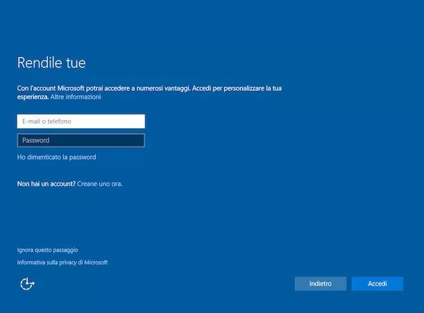 Configurazione Windows 10