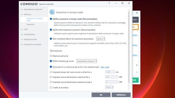 Impostazioni avanzate COMODO Antivirus Windows 11