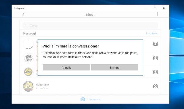 Eliminare chat Instagram da Windows 10