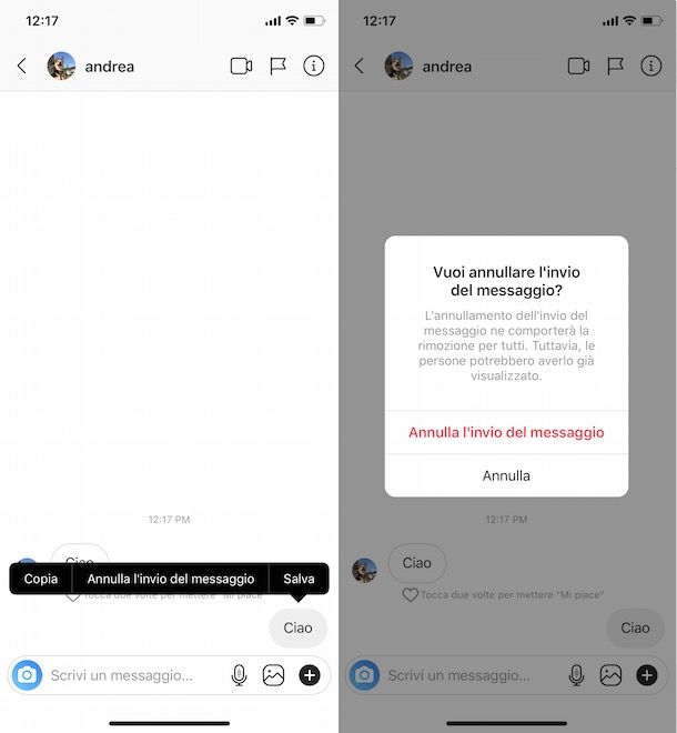 Come cancellare messaggi chat Instagram