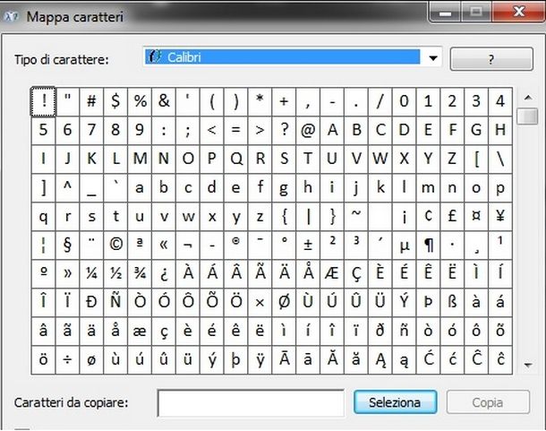 Utilizzare il codice ASCII e Unicode tramite la Mappa dei caratteri