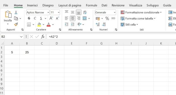 Come elevare al quadrato in Excel