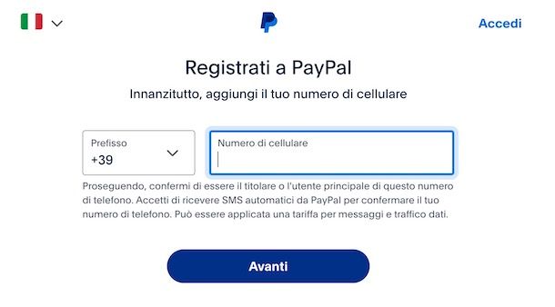 PayPal senza telefono