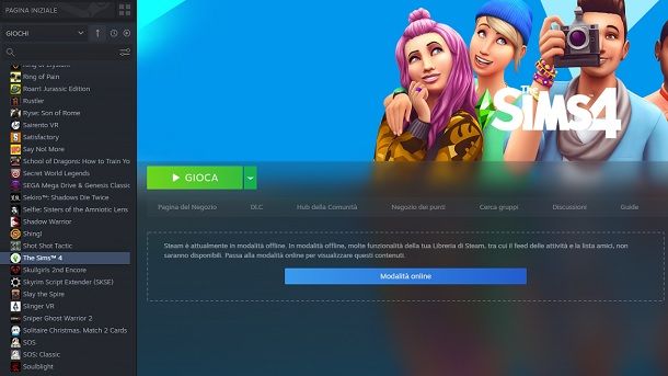 Avvio The SIms 4 offline Steam