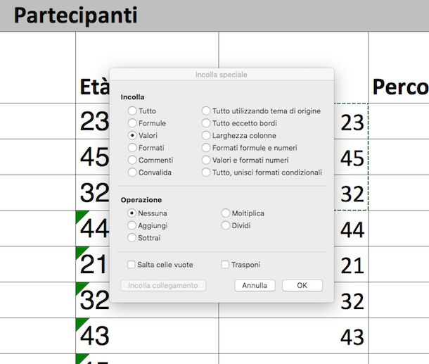 Incolla Speciale in Excel