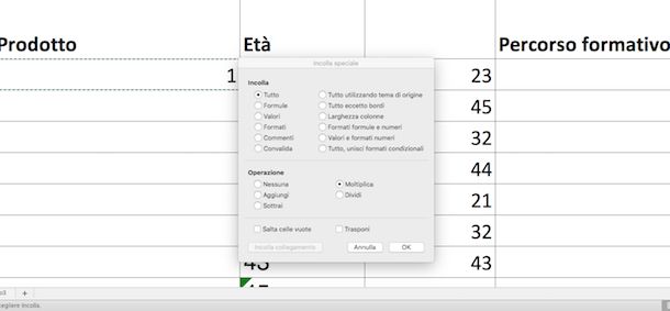 Moltiplica in Excel