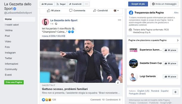 pagine facebook calcio