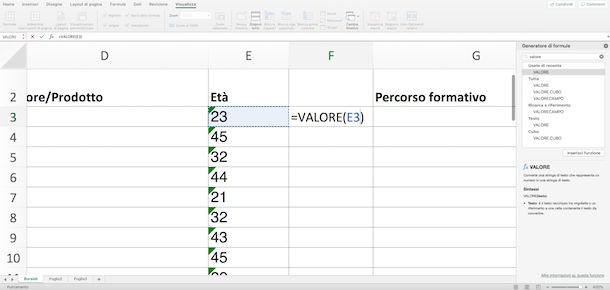 Funzione Valore in Excel