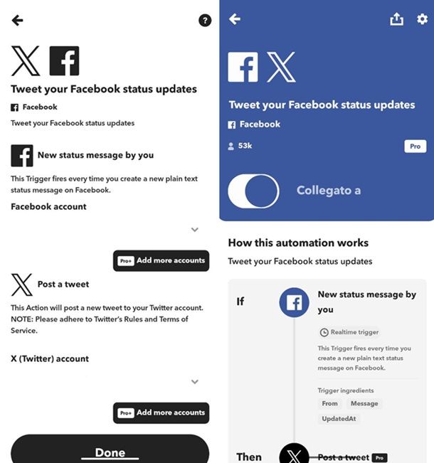 Applet Facebook X attivo IFTTT