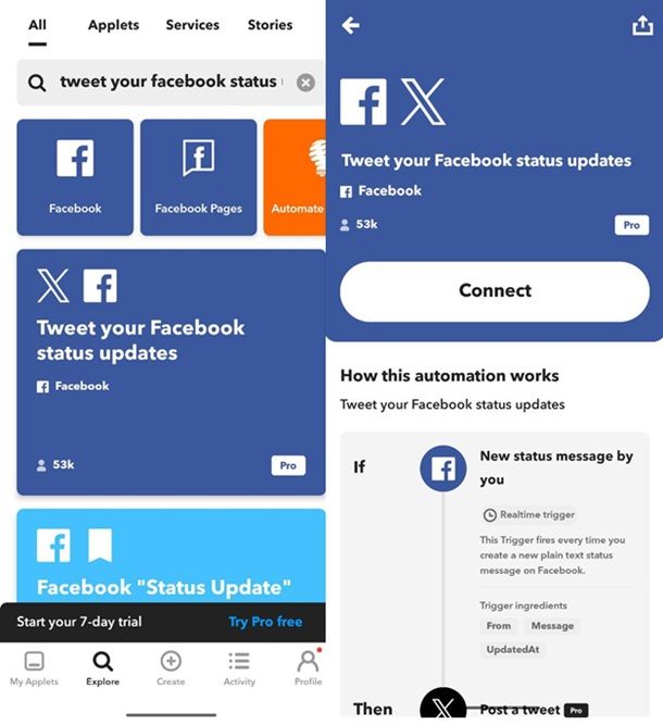 Facebook status update IFTTT