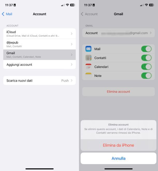 Eliminare account Google da iPhone