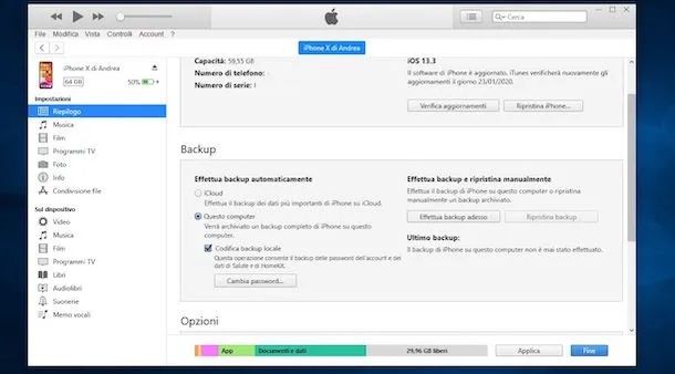 Effettuare backup su iTunes