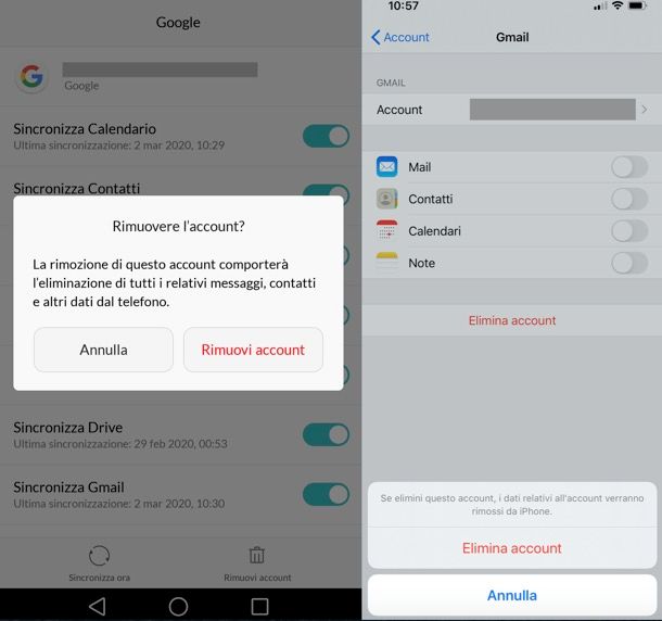 Come rimuovere account Google da telefono