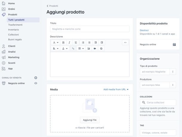 Nuovo prodotto Shopify