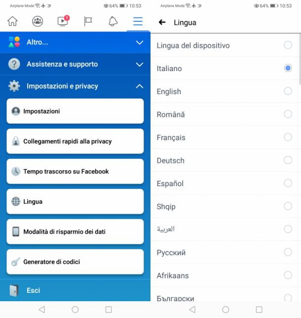 Facebook Android lingua