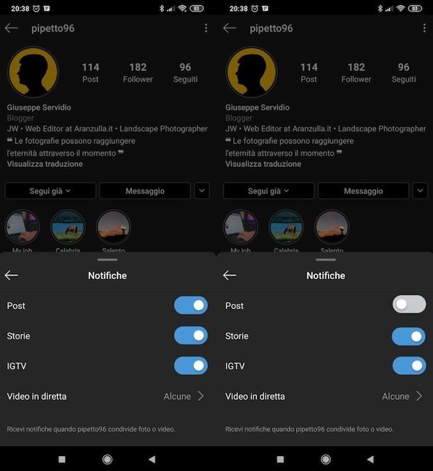 Disattivare notifiche post Instagram