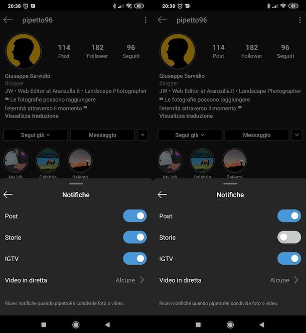 Disattivare notifiche storie Instagram