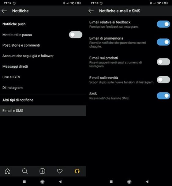 Disattivare notifiche e-mail Instagram