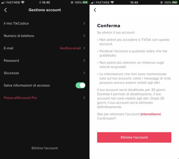 TikTok eliminare account