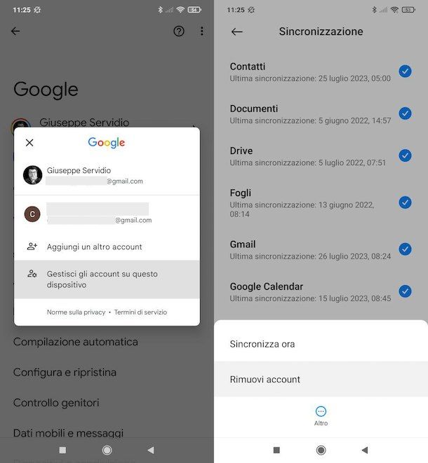 Rimuovere account Google da Android