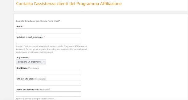 Contattare l'assistenza programma affiliazione Amazon