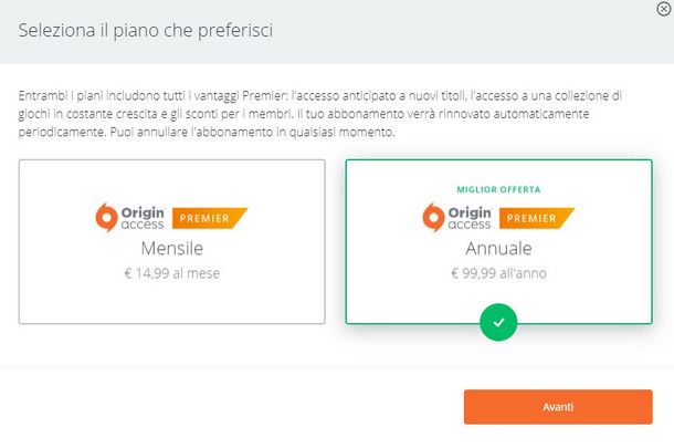 Scegli se pagare mensilmente o annualmente il tuo abbonamento Origin Access