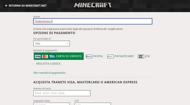 Scegli il Minecraft nickname e il metodo di pagamento
