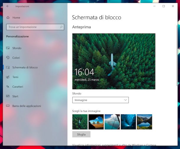 Impostazioni schermata di blocco Windows 10