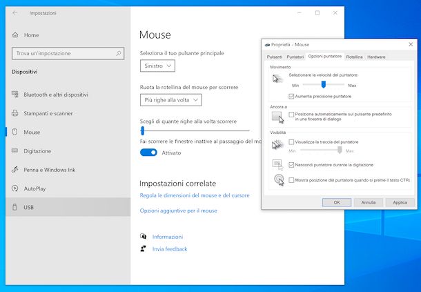Opzioni puntatore mouse Windows 10