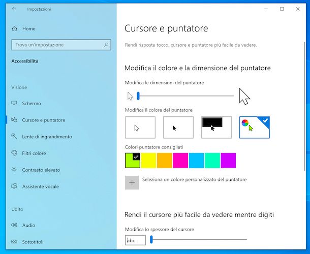 Cambiare colore puntatore Windows 10