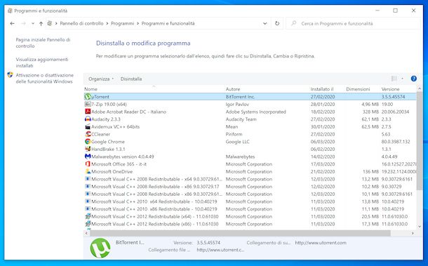 Disinstallazione programmi Pannello di controllo Windows 10