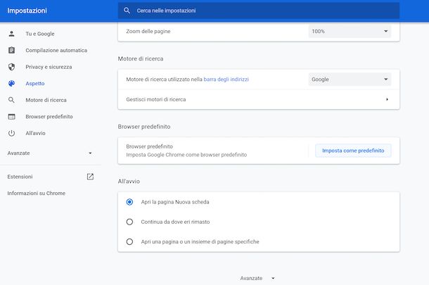 Impostazioni Chrome