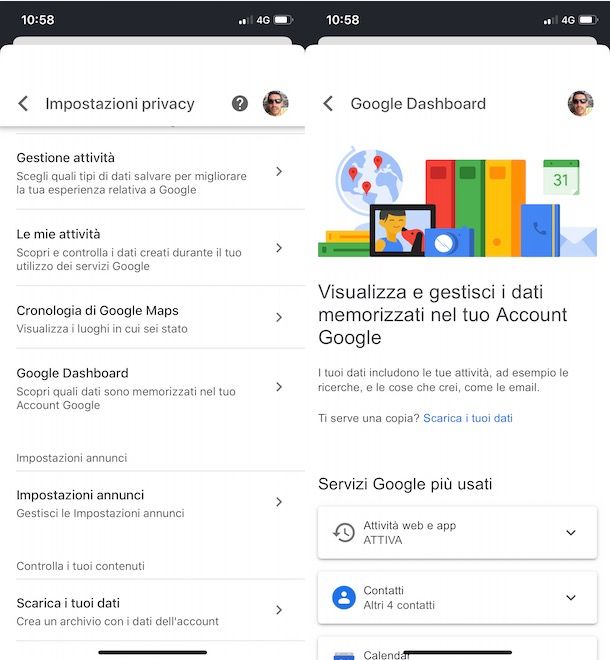 Google Dashboard da app Google