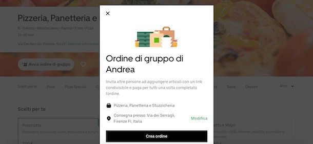 Creare un ordine di gruppo su Uber Eats