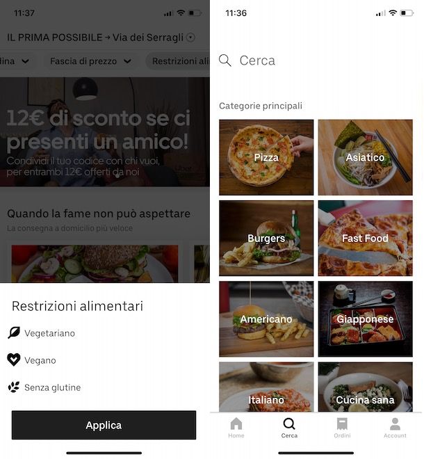 Trovare un ristorante su Uber Eats