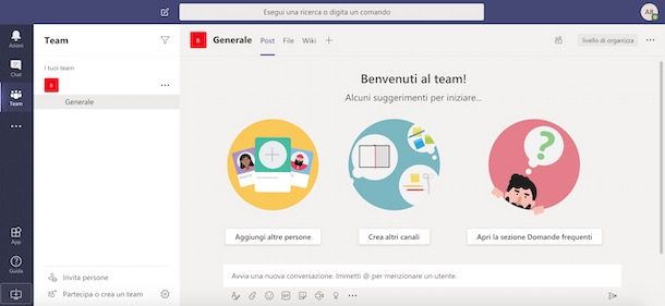 Schermata di Microsoft Teams da browser