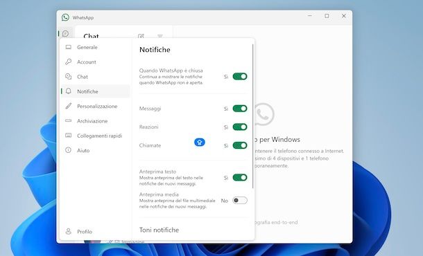 Attivare notifiche client WhtsApp Windows
