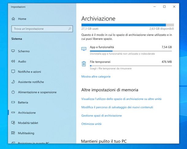Impostazioni archiviazione