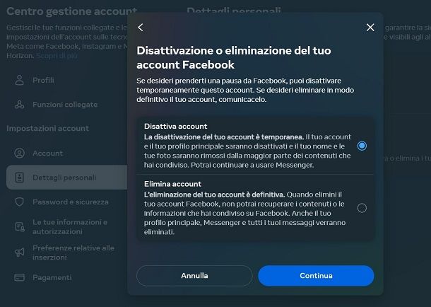 Come eliminare account Facebook da PC