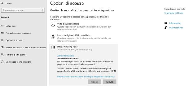 Come eliminare il PIN d'accesso in Windows 10