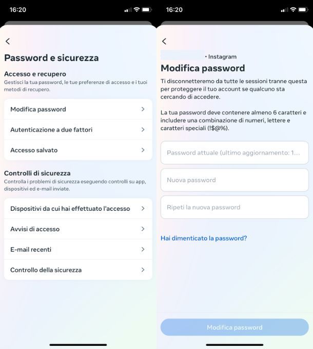 Cambiare password Instagram da app